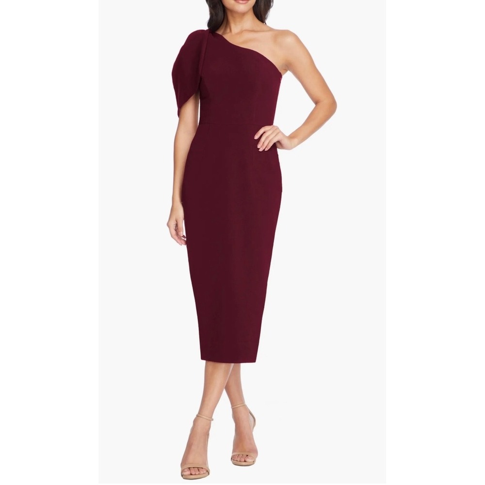 Dress The Population Tiffany One Shoulder Bow Midi Dress Dark Magenta Sz L NWT